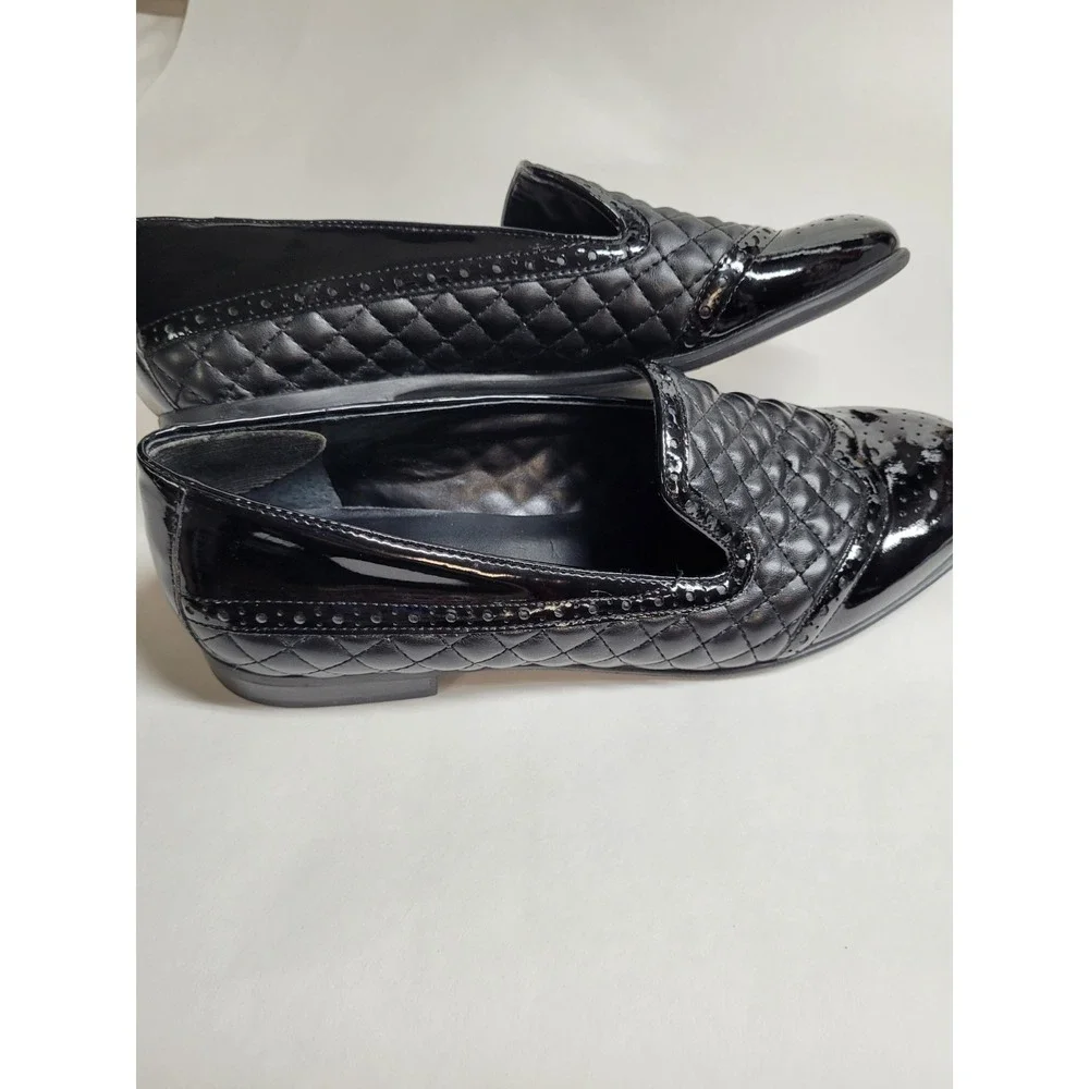 Franco‎ Sarto Loafer 9M Black Patent Faux Leather Quilted Women's, L-Tweed2, EUC